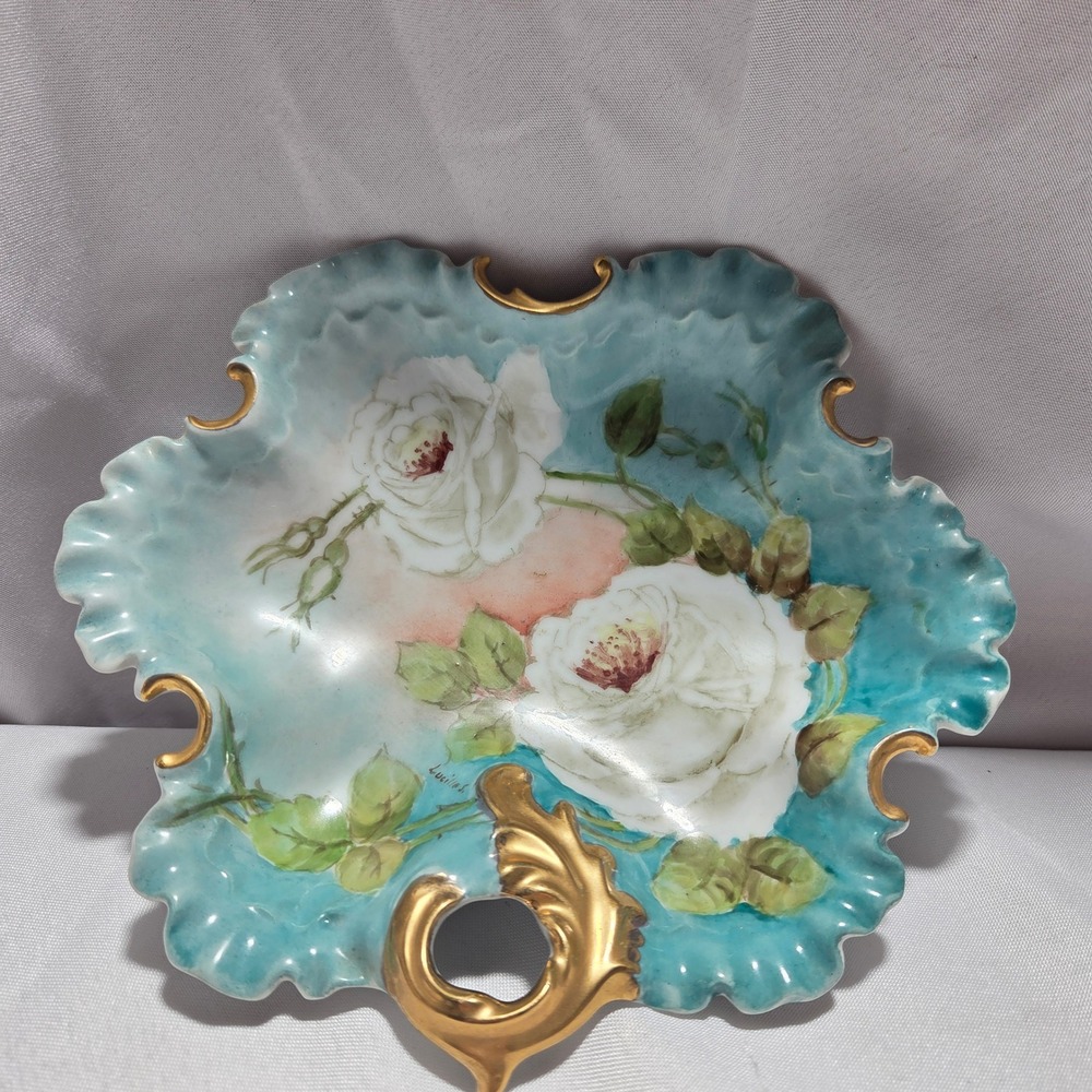 Vintage Hand Painted Porcelain Nappy Dish White Roses Gold Gilt Signed Lucille S
